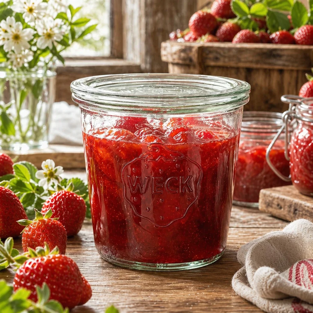 580 ml krukke med glaslåg WECK RR100 WECK syltetøjsglas 580 ml fyldt med jordbærmarmelade i rustikt køkken med friske jordbær og blomster