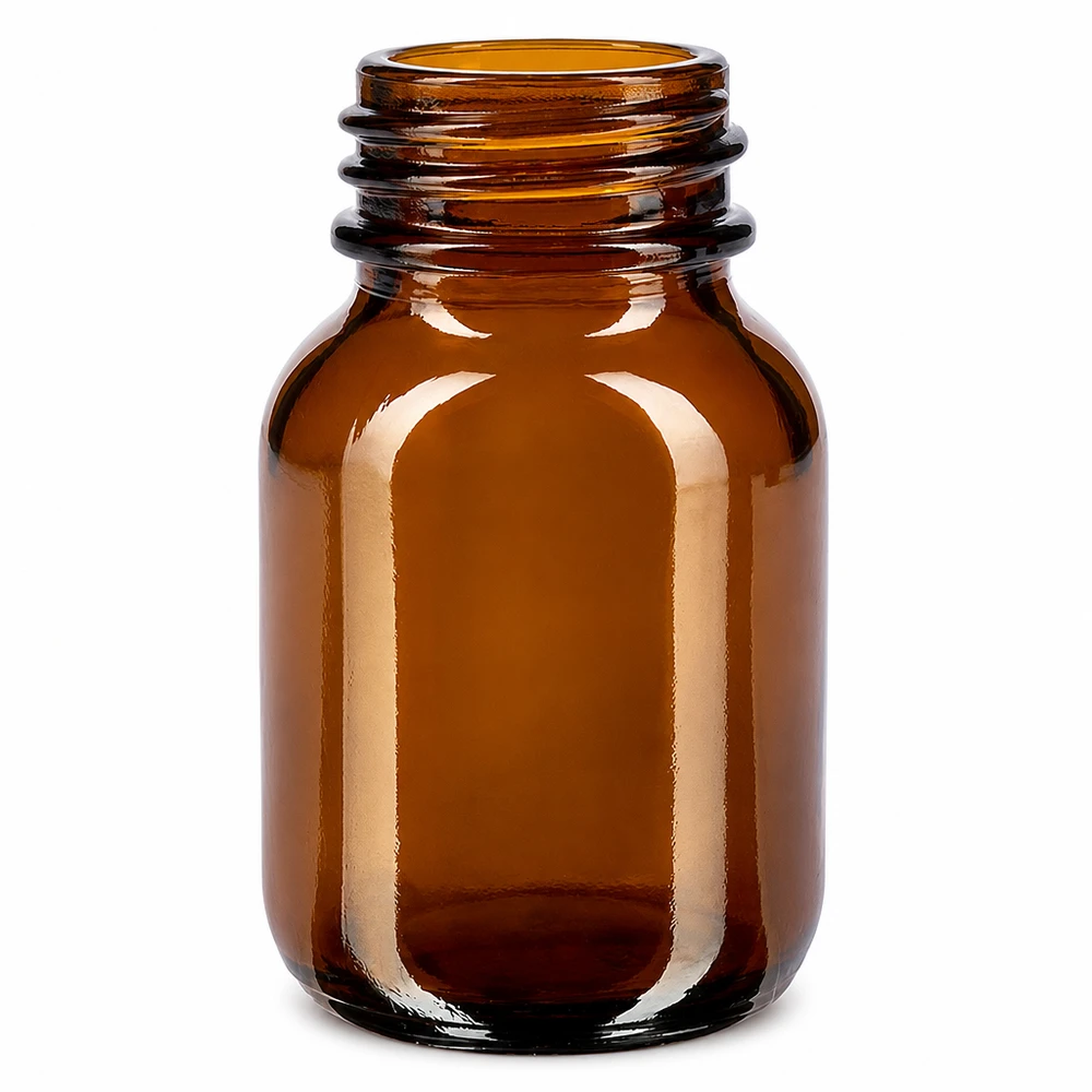 50 ml flaske med bred hals i ravfarvet glas 50 ml flaske med bred hals lavet af ravfarvet glas til kosmetik og lægemidler