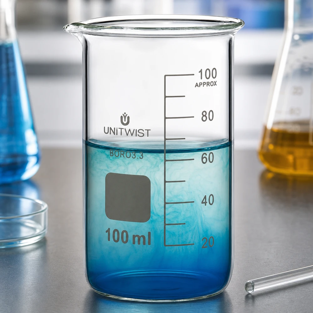 Graderet bægerglas, 100 ml, høj model, borosilikatglas med måleskala op til 100 ml, UNITWIST