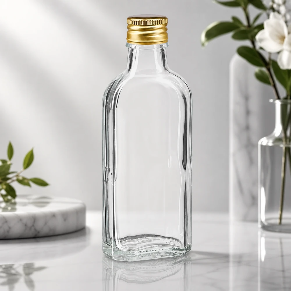 100 ml Meplat klar med aluminiumshætte guld PP22 Tom 100 ml Meplat-glasflaske, klar, med gyldent aluminiumslåg PP22 på marmorunderlag