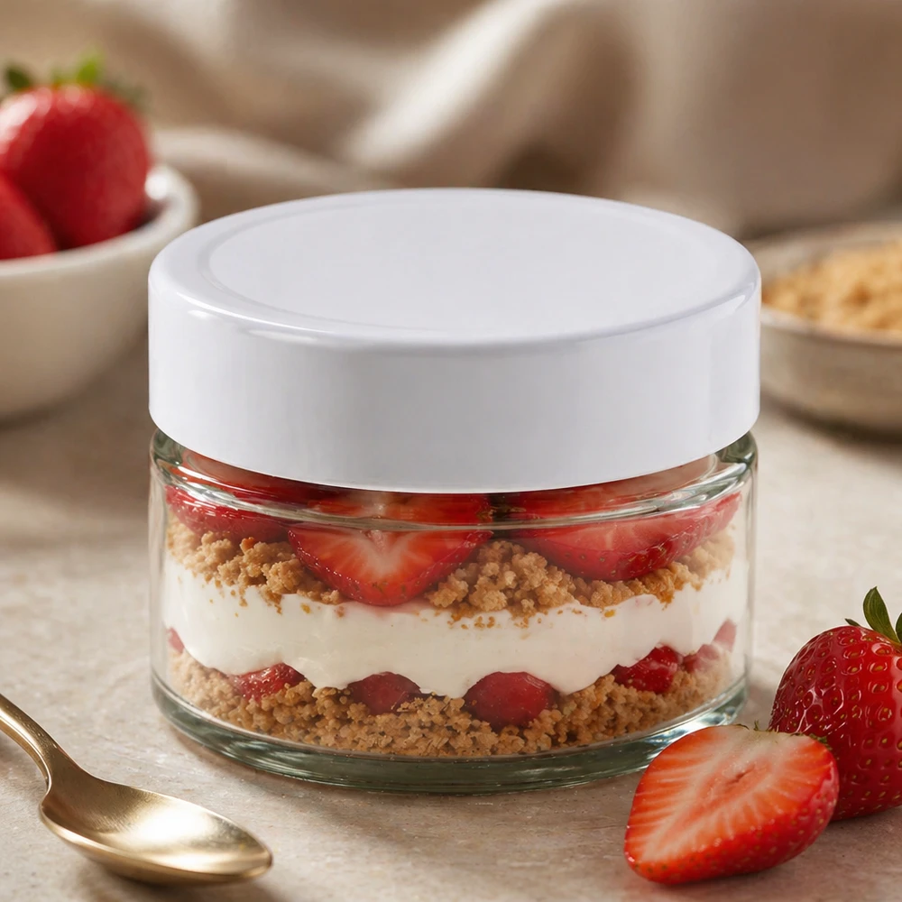 130 ml rund krukke med BasicSeal-låg hvid UNiTWIST 130 ml BasicSeal hvid rund krukke fyldt med jordbærdessert lagdelt dessert - glaskrukke til søde desserter