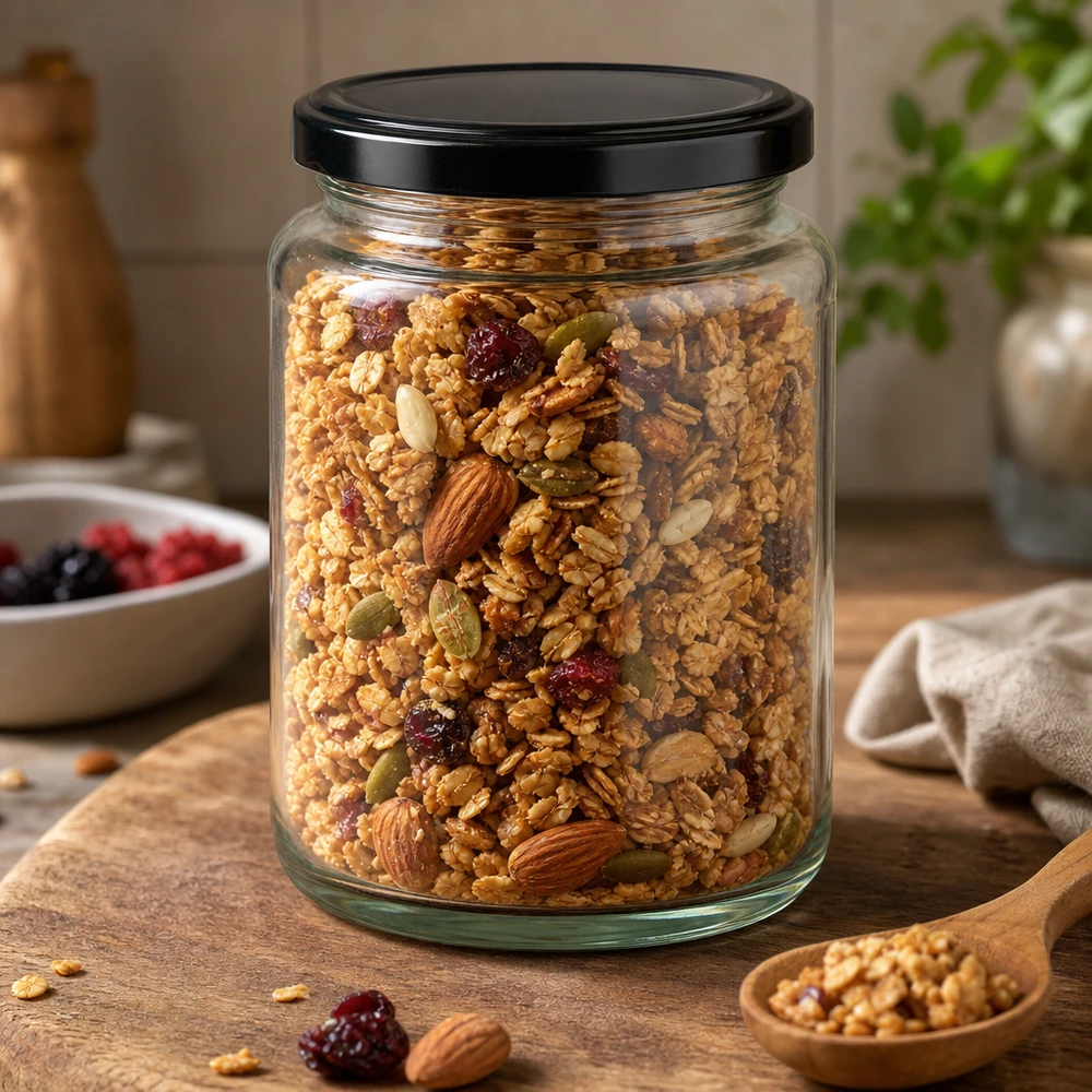 382 ml rund krukke med BasicSeal-låg sort UNiTWIST 382 ml rund krukke BasicSeal sort fyldt med müsli nødder tørret frugt opbevaring krukke køkken