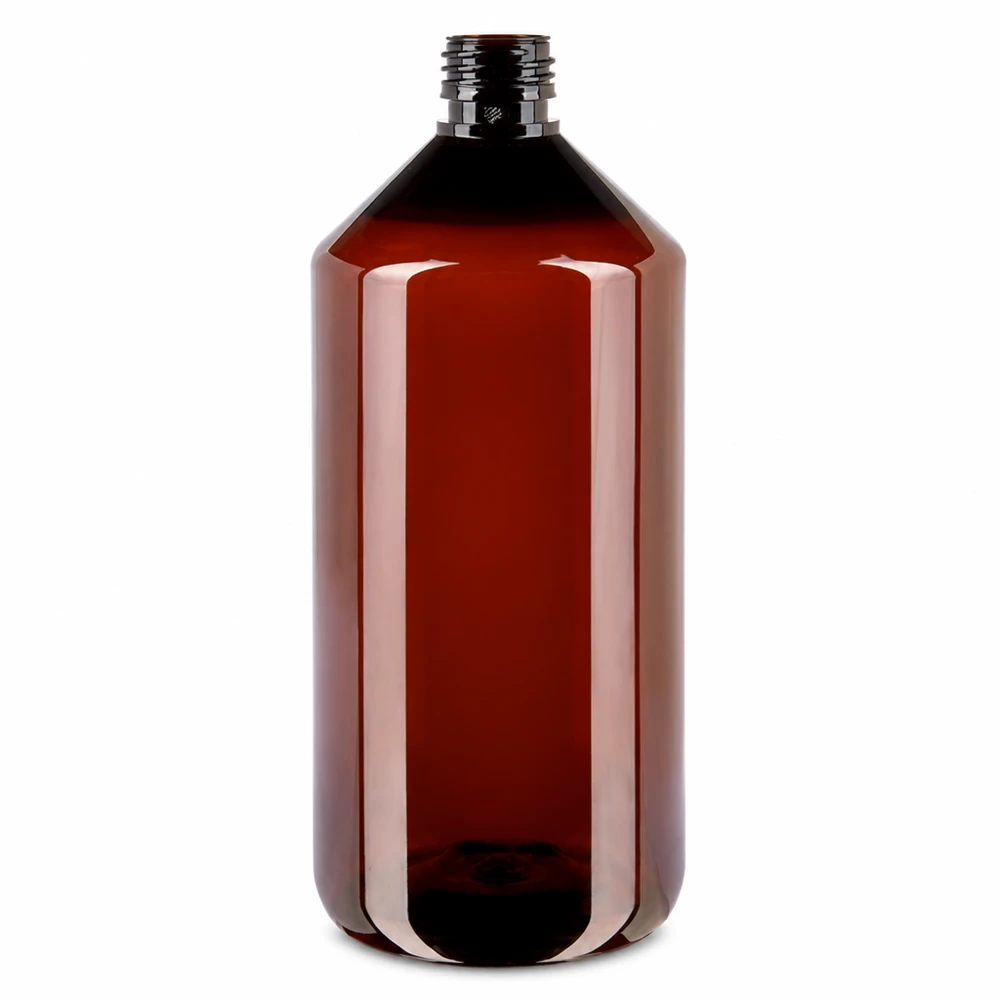 PET-flaske 1000 ml PP28 uden låg PET-flaske, 1000 ml, ravbrun, med PP28-gevind, uden låg, plastflaske