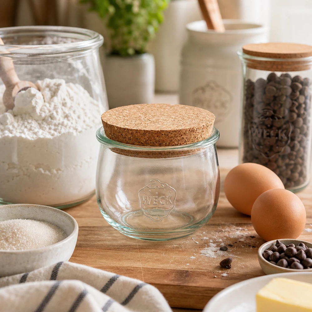 580 ml tulipankrukke WECK RR100 med kork natur WECK tulipankrukke 580 ml RR100 med korklåg på træplade omgivet af bageingredienser mel æg og krydderier køkkenudsmykning