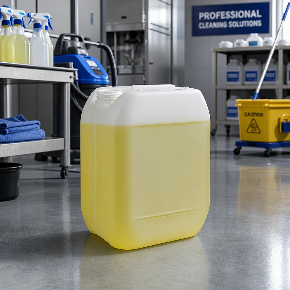 Gul rengøringsmiddelbeholder på 10 liter uden låg i et professionelt rengøringsmiljø