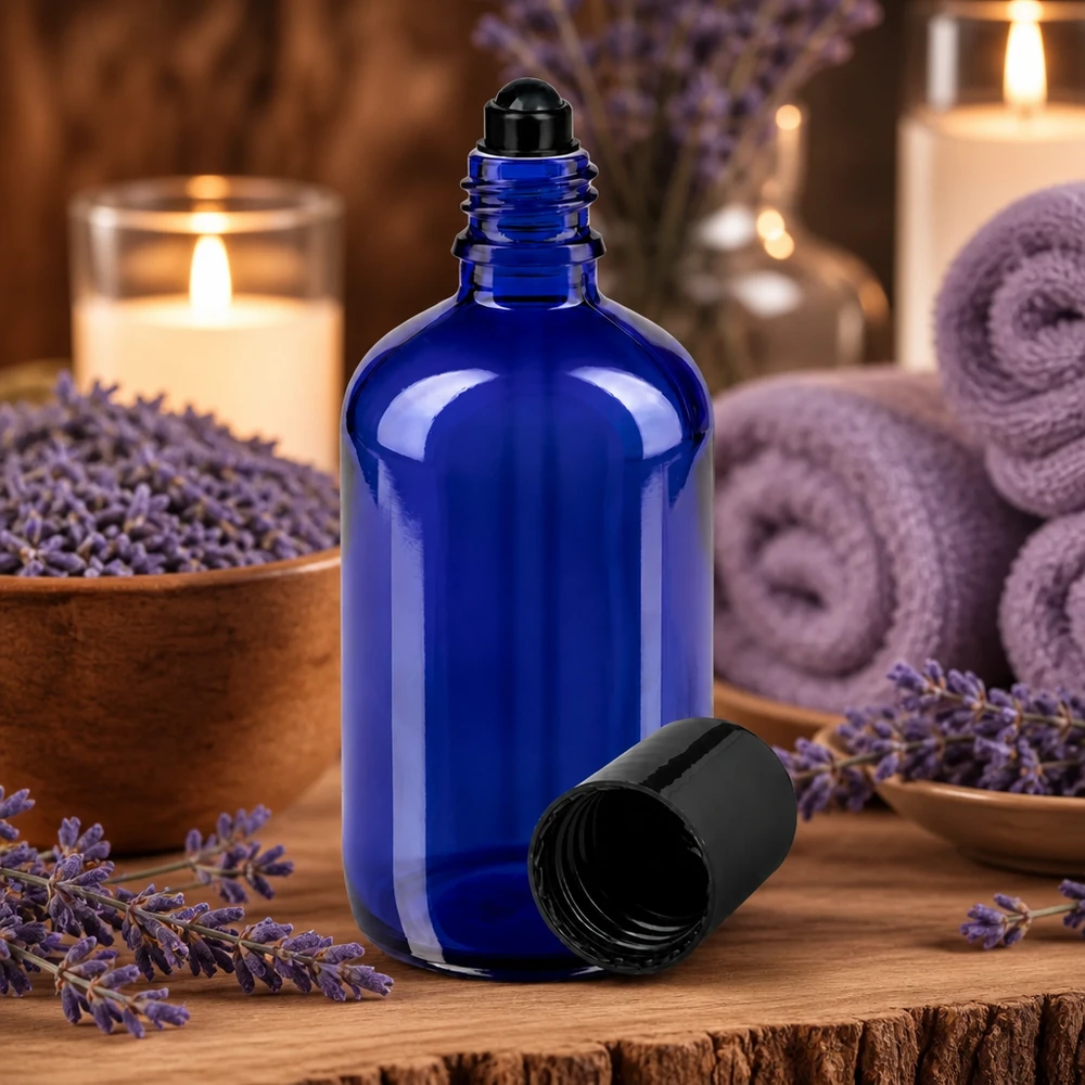 Blå 100 ml glasflaske med roll-on-lukning omgivet af lavendelblomster og stearinlys