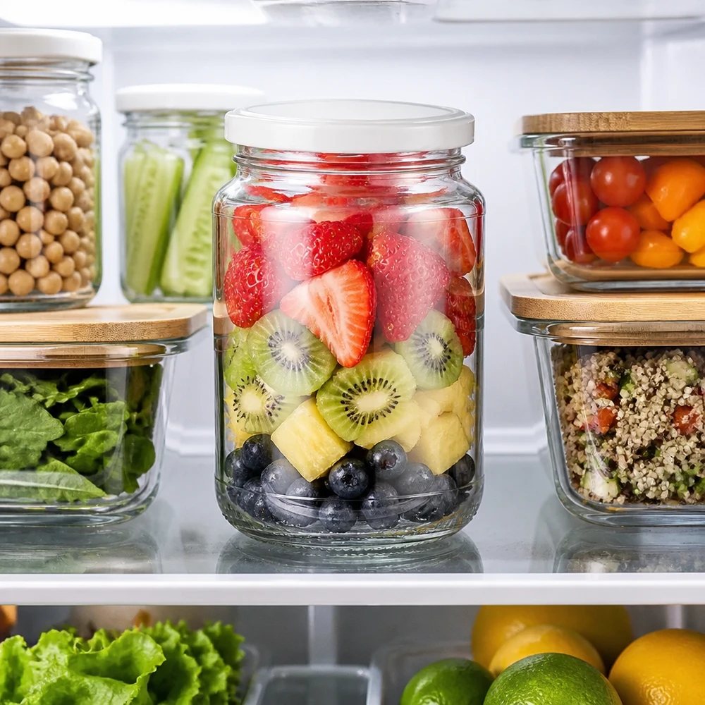 320 ml UNiTWIST rundt glas med hvid BasicSeal-lukning, fyldt med farverig frugtsalat, i køleskabet