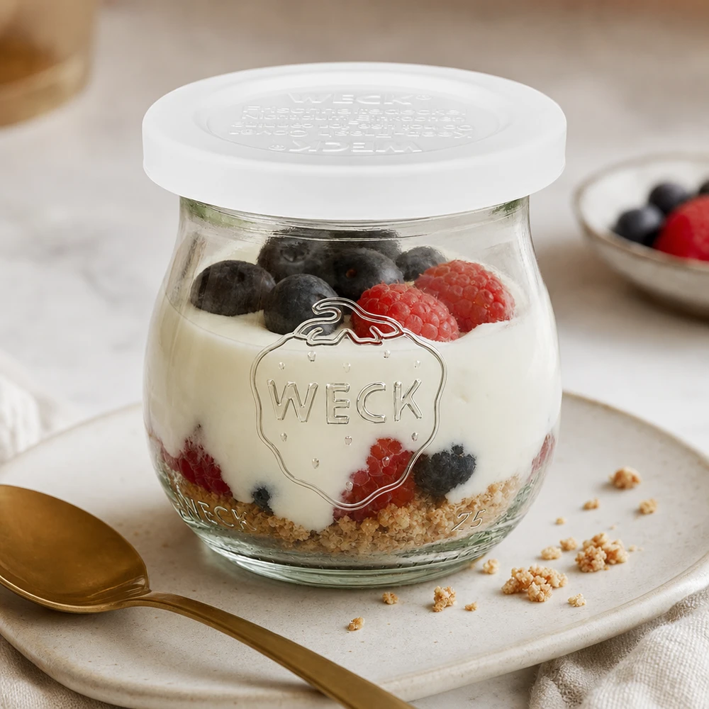 75 ml tulipankrukke med friskhedslåg WECK RR40 WECK tulipankrukke 75ml RR40 med yoghurt, bær og granola som dessert på hvid tallerken med gylden ske