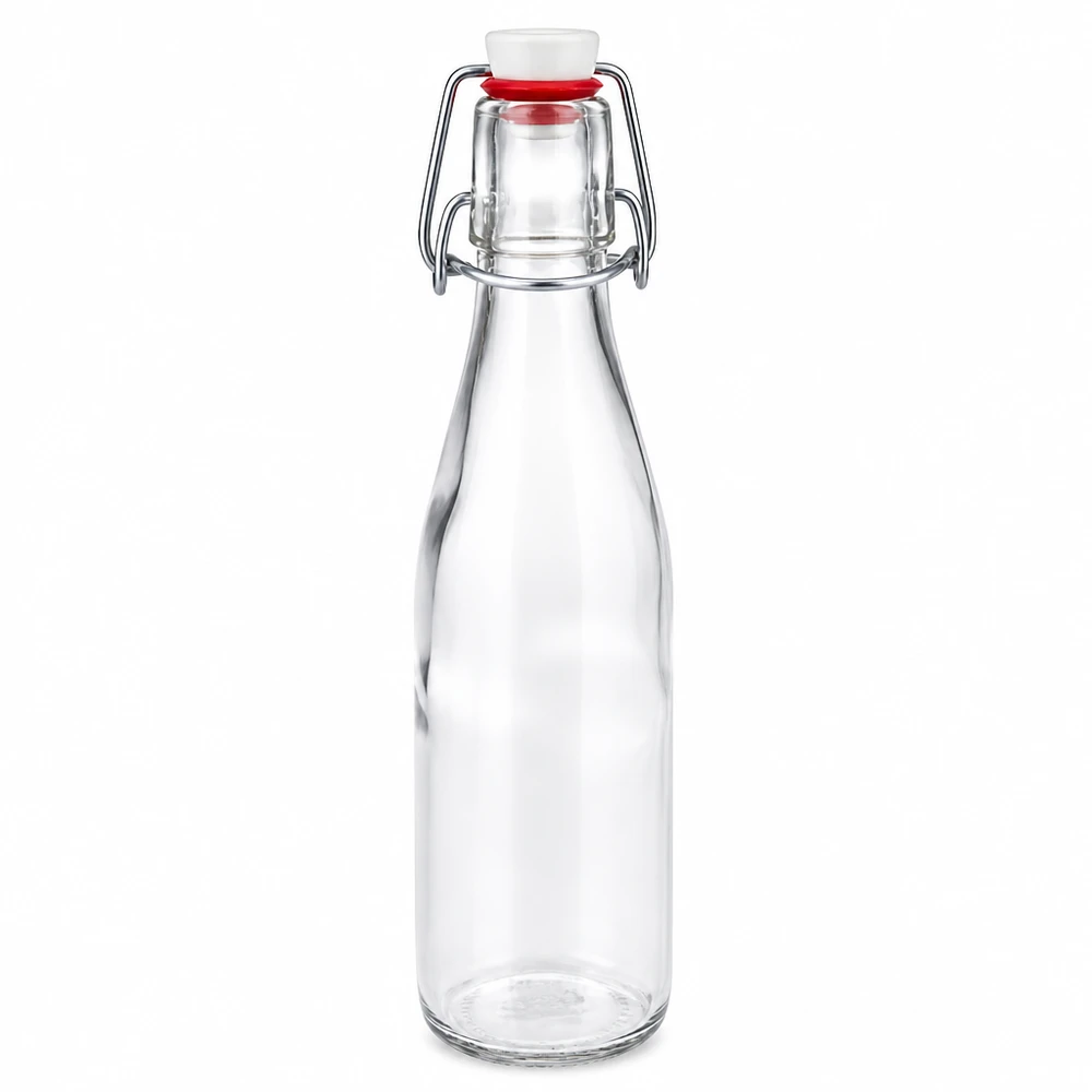 250 ml glasflaske og hængelåg i porcelæn UNiTWIST 250 ml glasflaske med svingtop og hvid porcelænslåg, tom gennemsigtig flaske til drikkevarer