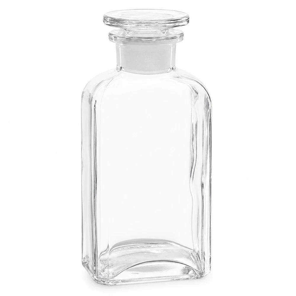 Firkantet flaske 250 ml klar glasprop med bred hals Firkantet flaske på 250 ml af klart glas med glasprop, bred hals, laboratoriekvalitet
