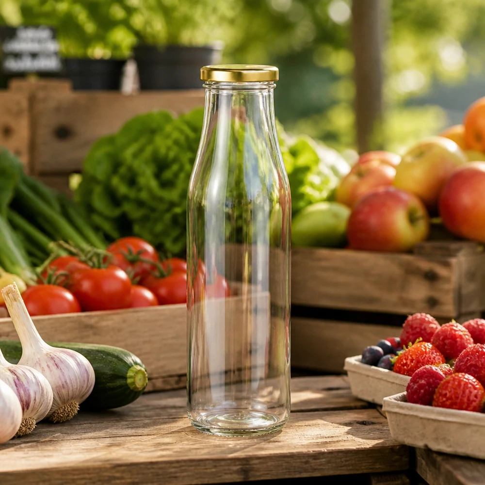 500 ml glasflaske + BasicSeal-låg guld UNiTWIST. Absolut lækagesikker med stort TO48-låg. Til mælk, juice og limonade. 500 ml glasflaske tom BasicSeal-låg guld mellem frisk frugt og grøntsager på træbord markedsbod-stemning