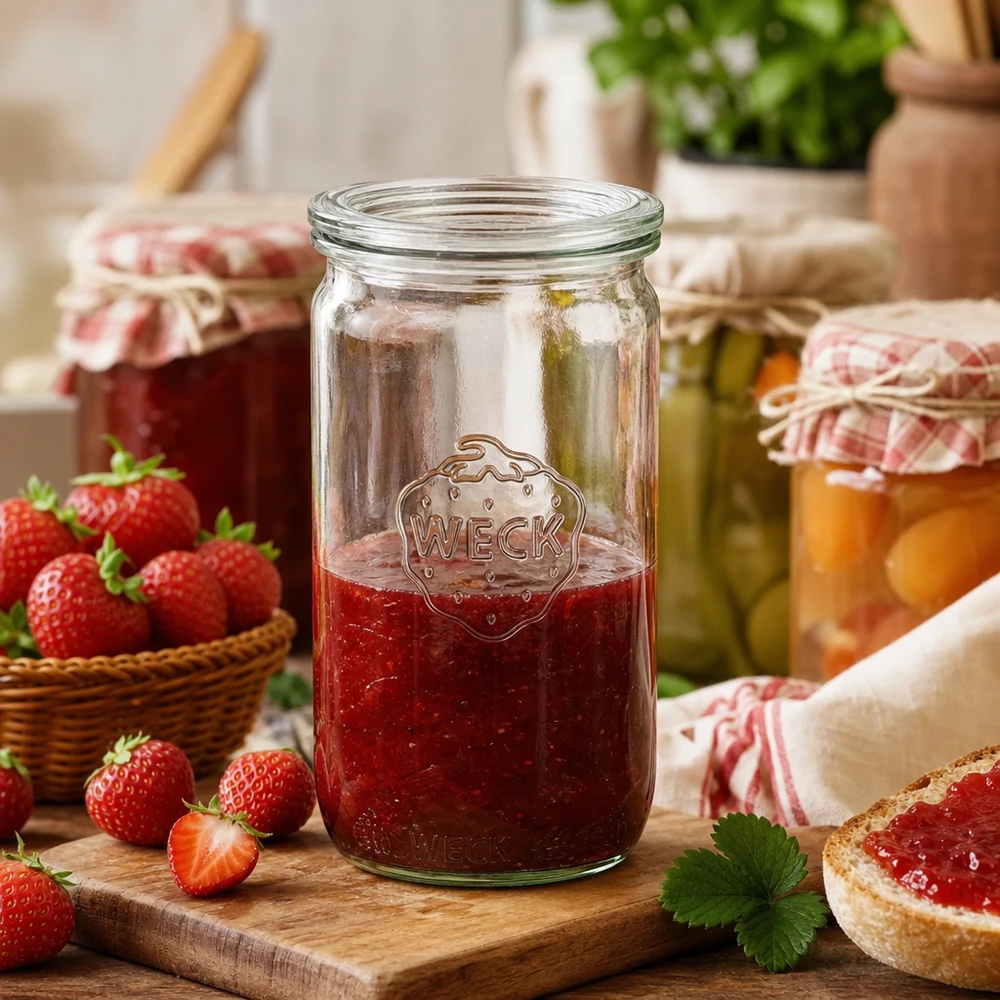 340 ml cylinderglas med glaslåg WECK RR60 WECK 340 ml cylinderglas RR60 fyldt med jordbærmarmelade i et rustikt køkken med friske jordbær og brød