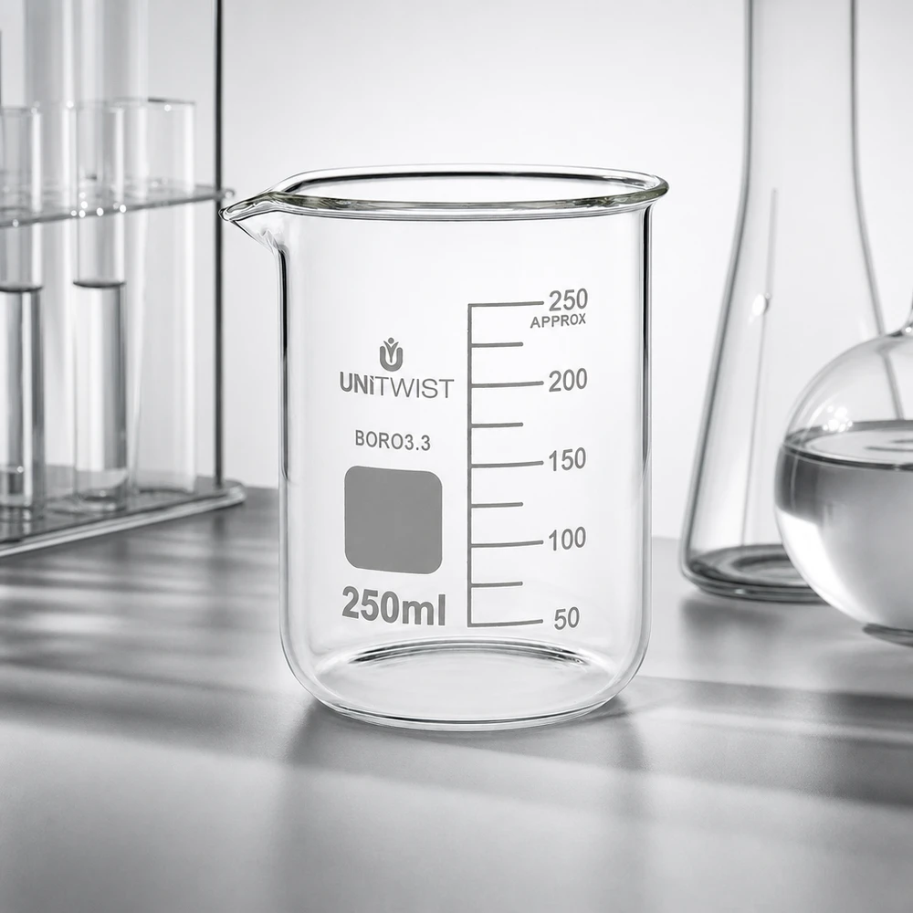 Bæger 250 ml borosilikat, lav form UNiTWIST Tomt bægerglas, 250 ml, lavt design, af klart borosilikatglas 3.3 fra UNiTWIST