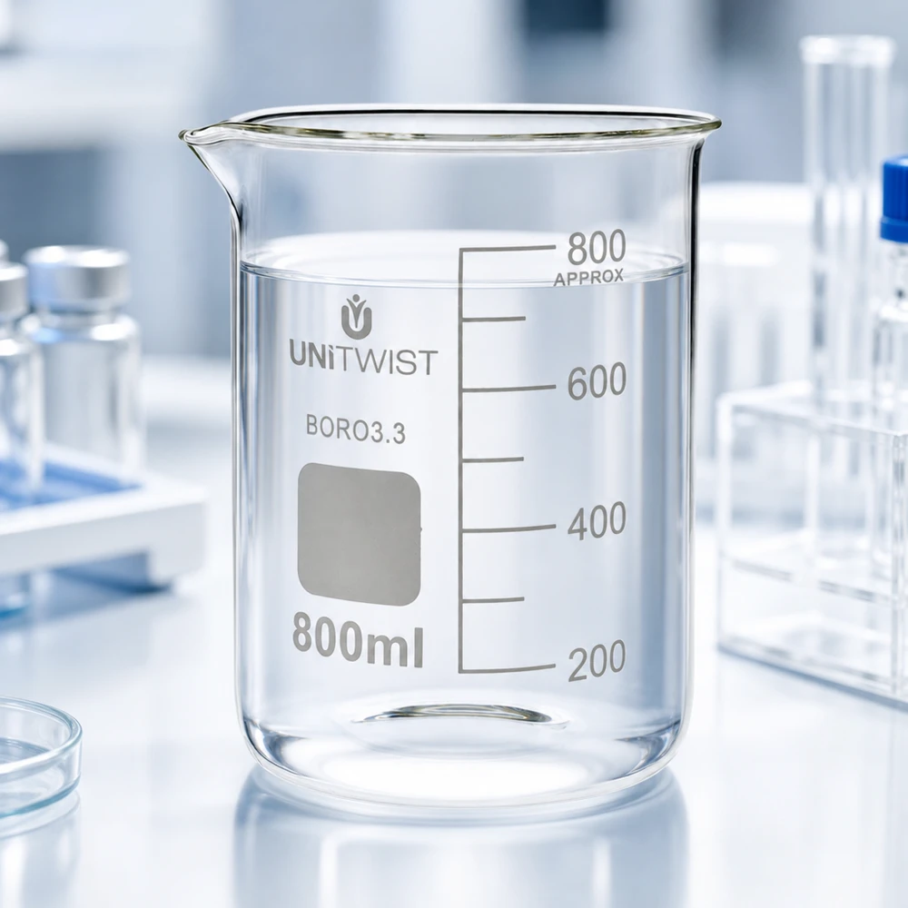 Bægerglas 800 ml borosilikat, lav form UNiTWIST Tomt, gennemsigtigt bægerglas, 800 ml, borosilikat 3.3, lav form, UNiTWIST, på en hvid laboratorieplade