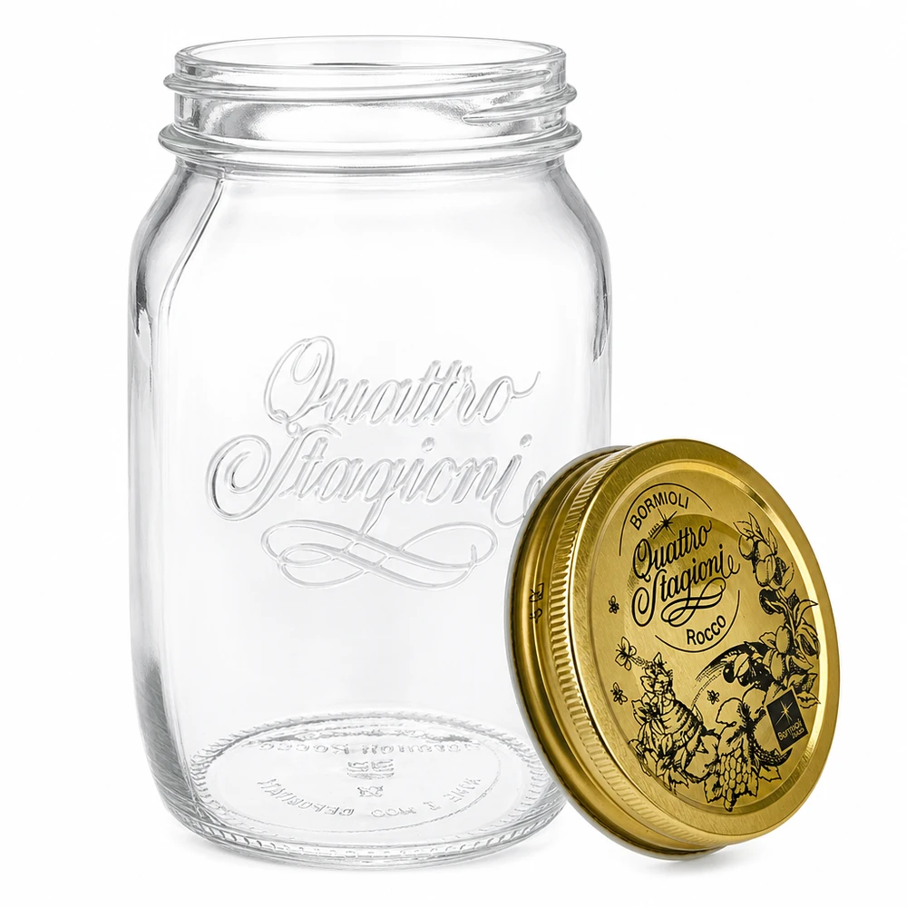 1000 ml rund krukke "Quattro Stagioni" med låg Quattro Stagioni syltetøjsglas 1000 ml med aftageligt låg detaljeret visning Italiensk syltetøjsglas