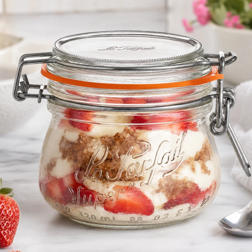 Le Parfait® glas 250 ml Ø70 mm opbevaring 250 ml Le Parfait Super opbevaringsglas med svingtop fyldt med jordbær og dessert på en hvid overflade