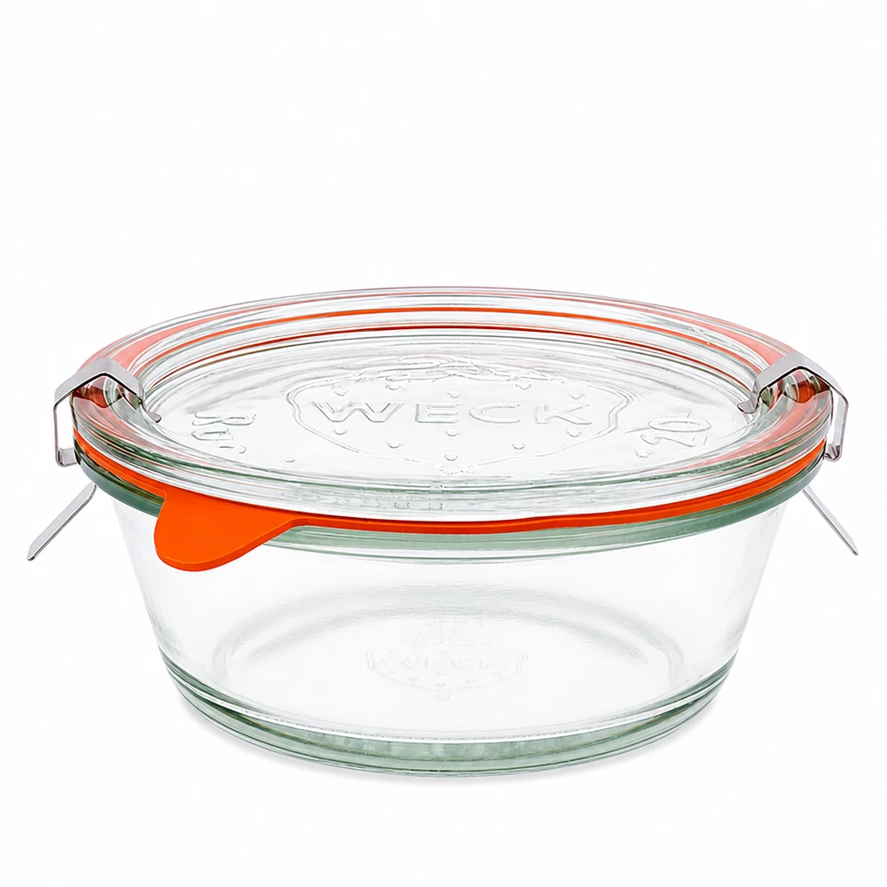WECK Gourmetkrukke 300 ml RR120 med glaslåg og orange gummiring, rund syltekrukke af gennemsigtigt glas