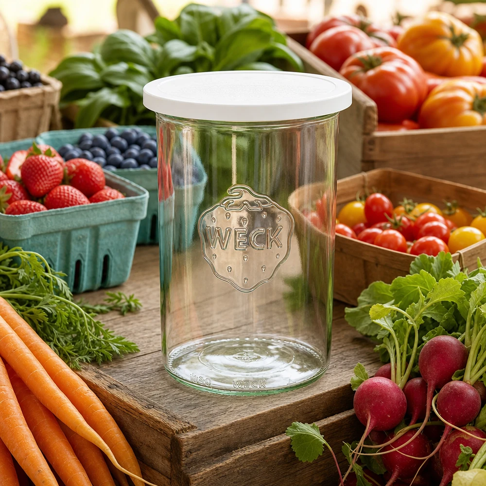 1000 ml Briller med friskhedslåg WECK RR100 WECK drikkeglas 1000 ml RR100 med frisk låg mellem friske markedsgrøntsager gulerødder radiser og bær