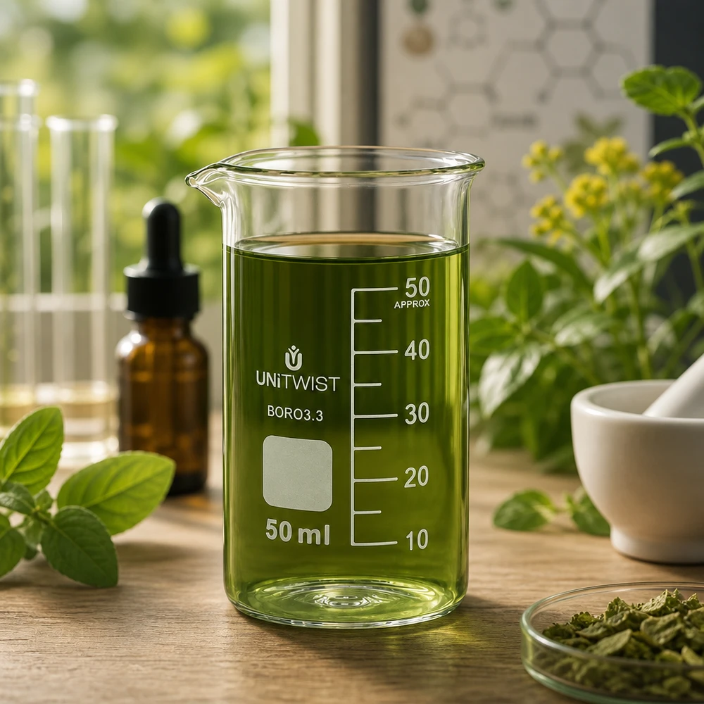 Bæger 50 ml borosilikat, høj form UNITWIST 50 ml højt begerglas af typen UNITWIST med grønt planteekstrakt omgivet af friske urter