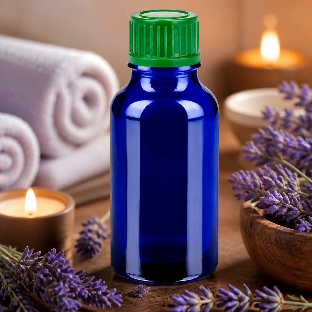 Apotekerflaske 20 ml blå med grøn hætte til æteriske olier og aromaterapi BlueLine UT18/20