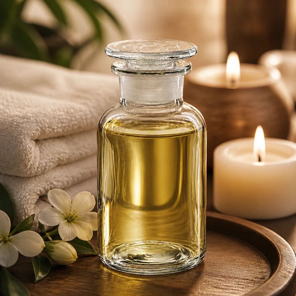 Rund skulderflaske 250 ml klar glasprop med bred hals 250 ml bredhalset flaske af klart glas med glasprop, fyldt med gylden massageolie i spaen