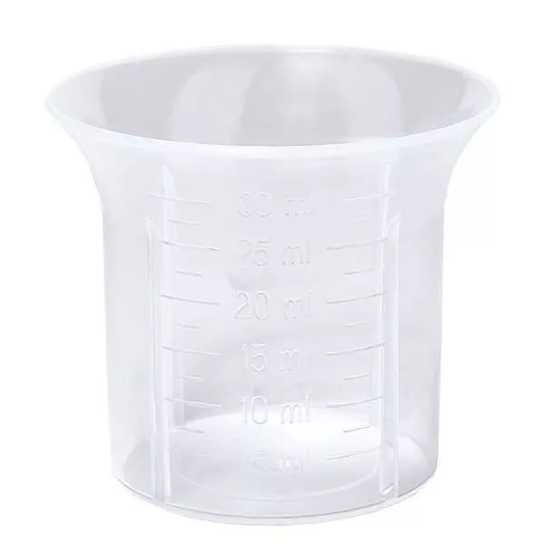 30 ml transparent doseringsbæger med skala i ApoGlas. Farmaceutisk kvalitet. 28 mm gevind. Til f.eks. ApoGlas® Euro-medicinflasker.