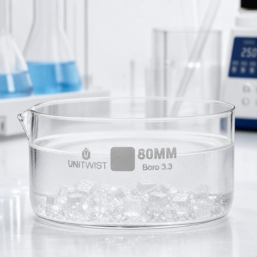 Krystalliseringsskål ø80mm borosilikatglas UNiTWIST Flad krystalliseringsskål, 80 mm, med isterninger til laboratoriebrug, borosilikatglas, UNiTWIST