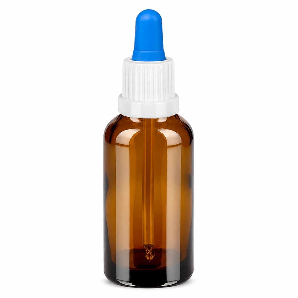 30 ml pipetteflaske hvid/blå OV BrownLine UT18/30 30 ml pipetteflaske brun med hvidt skruelåg og blå pipette til præcis dosering