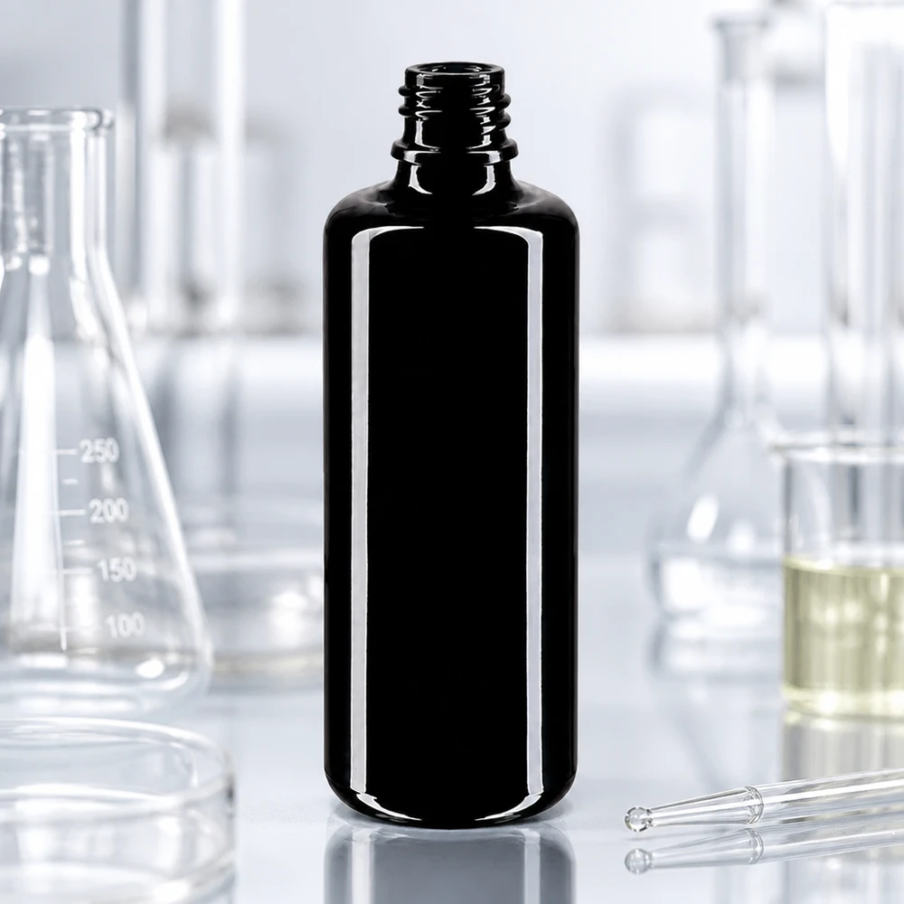 Flaske i violet glas 100 ml DIN 18 (Mironglas) Orion 100 ml dråbeflaske lavet af violet Miron-glas med præcis dråbehætte til nøjagtig dosering