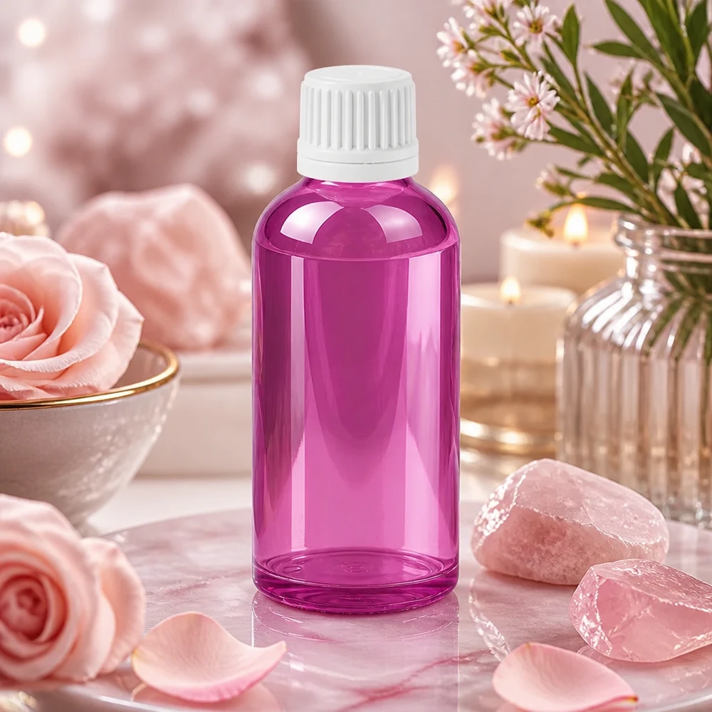 50 ml flaske 11 mm skruelåg hvid Originality skruelåg PurpleLine UT18/50 50 ml violet glasflaske med 11 mm åbning og hvid hætte til præcis dosering