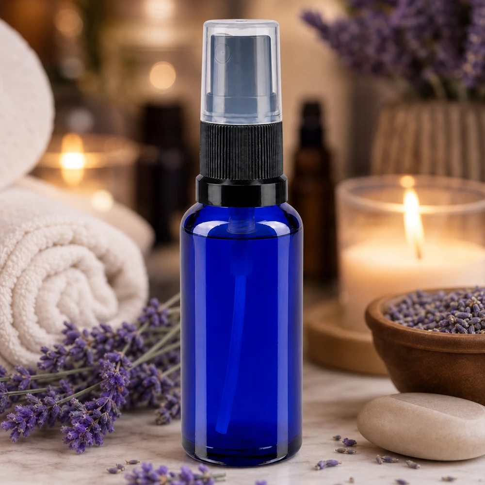 Apotekerflaske blå 30 ml spraytilbehør sort Blå 30 ml apotekersprøjteflaske af glas med sort forstøver på marmor med lavendel