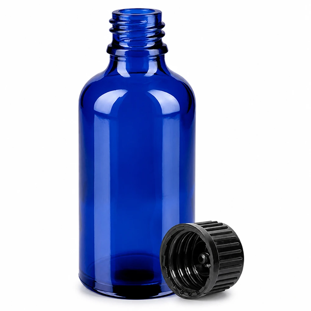 50 ml flaske 11 mm SV sort OV BlueLine UT18/50 Kompakt 50 ml glasflaske i blå med 11 mm gevind og sort sikkerhedsdæksel