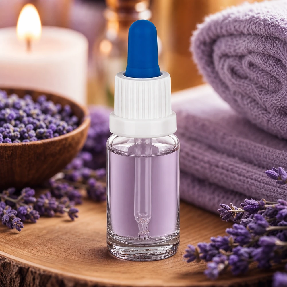 10 ml pipetteflaske hvid/blå OV ClearL. UT18/10 10 ml pipetteflaske fyldt med lavendelolie på et træunderlag med lavendelblomster og et lys