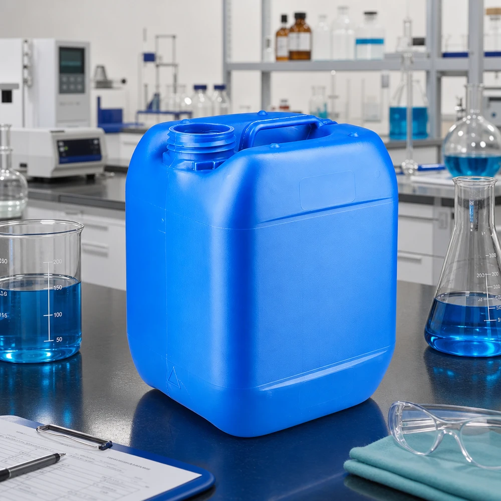 Blå 5-liters dunk uden låg på laboratoriebordet ved siden af en Erlenmeyer-kolbe og et bægerglas