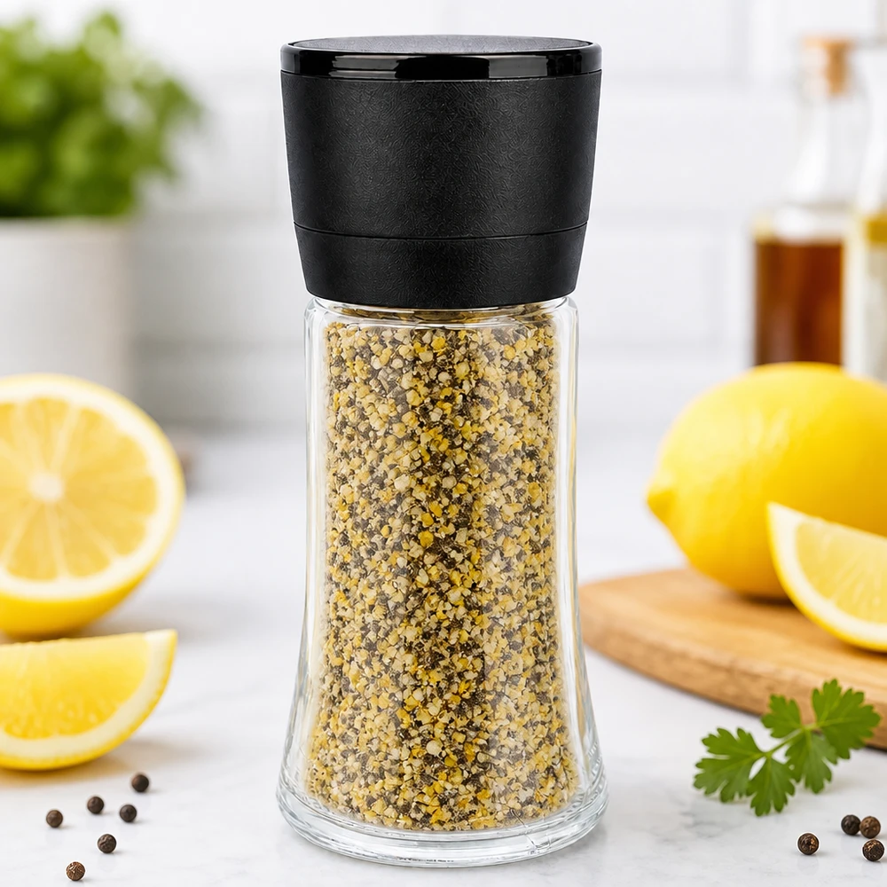 Krydderiblanding med citronpeber i en 95 ml glasbeholder med sort Vario-kværn på marmor