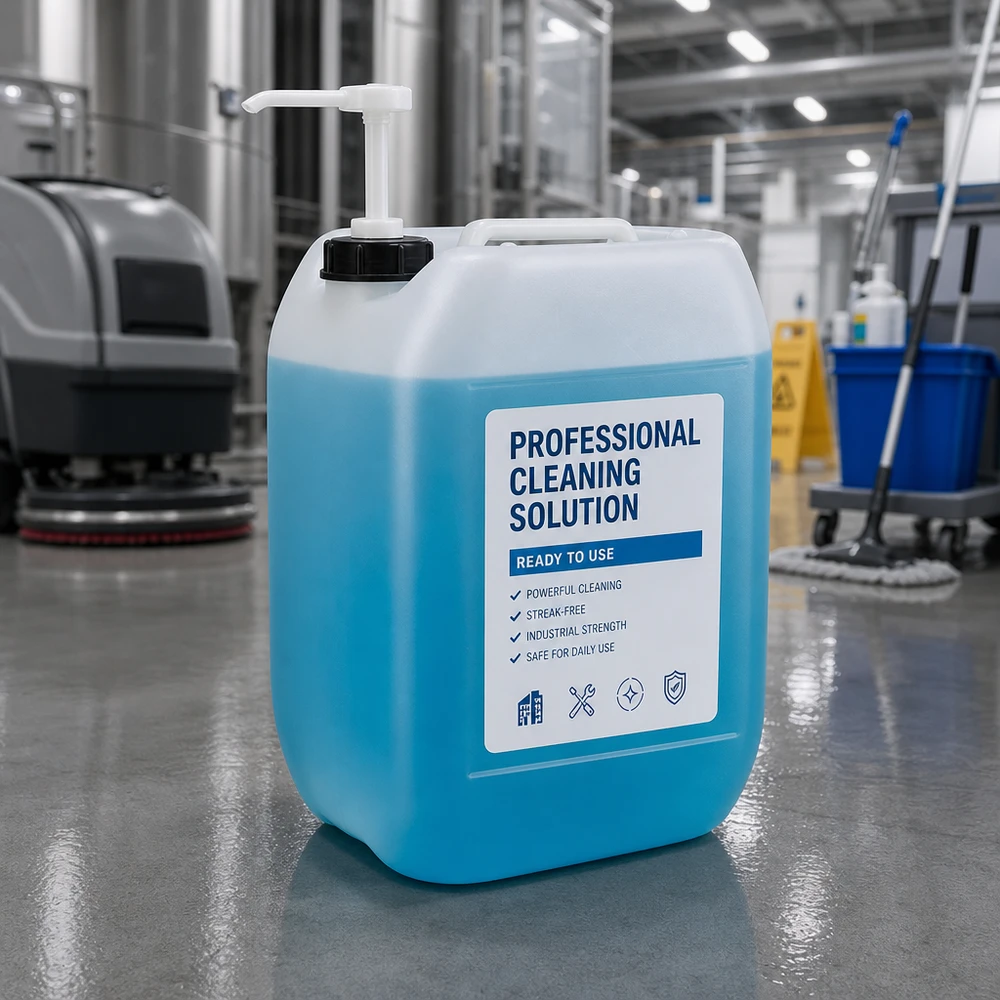 Blå 10-liters beholder til rengøringsmiddel med doseringspumpe på et industrigulv i en produktionshal