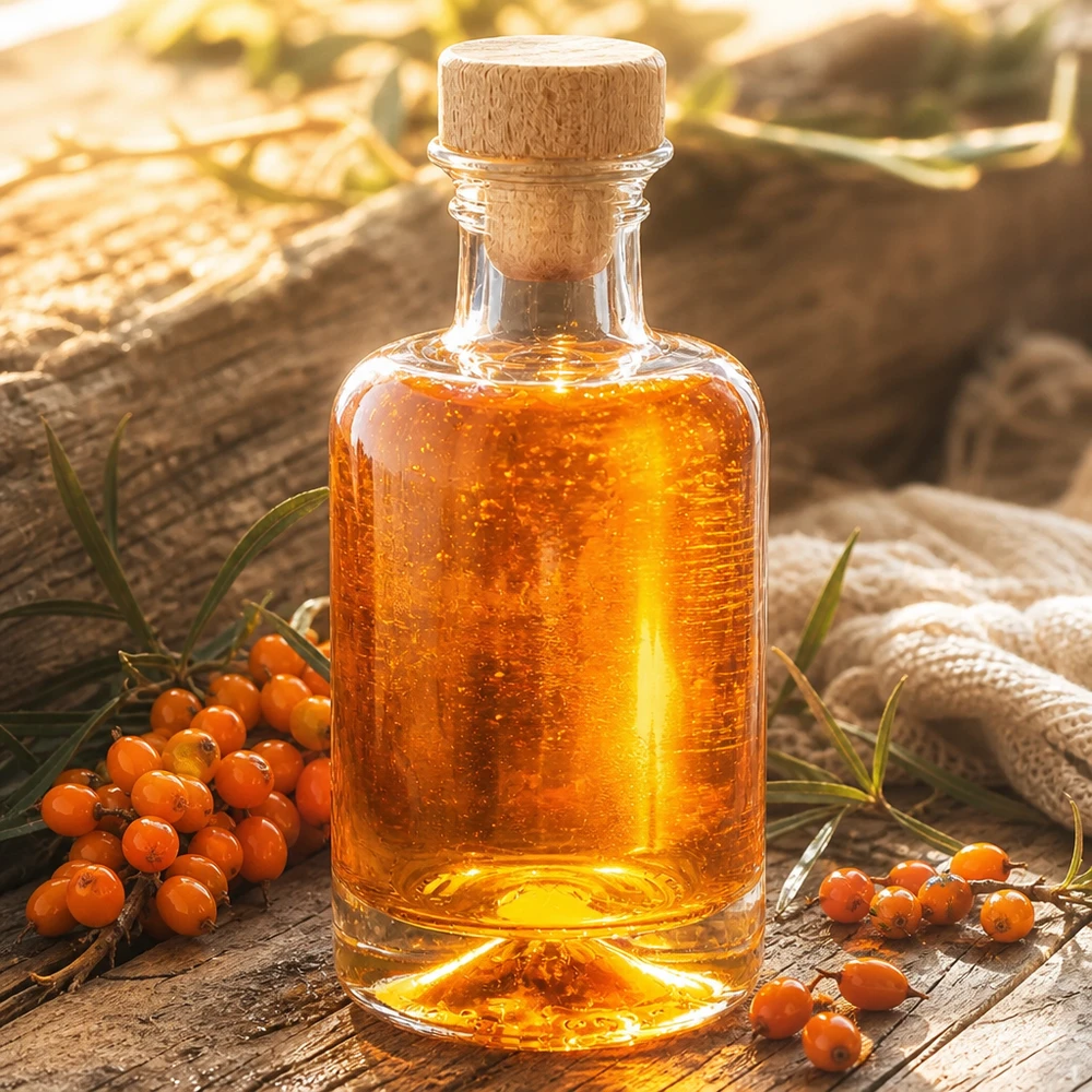 100 ml apoteksflaske Sofia med træhåndtag og prop UNiTWIST® 100 ml glasflaske Sofia med træprop fyldt med havtornolie ved siden af orange havtornbær naturlig dekoration