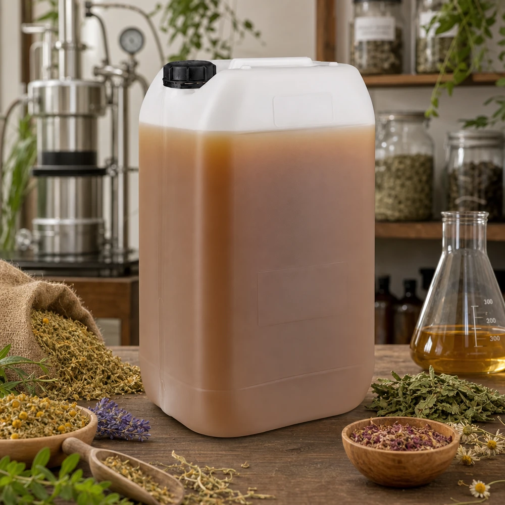 Beholder 15 liter med skruelåg OV Opbevaring af urteekstrakt i 15-liters dunke med originallukning i et naturvidenskabeligt laboratorium