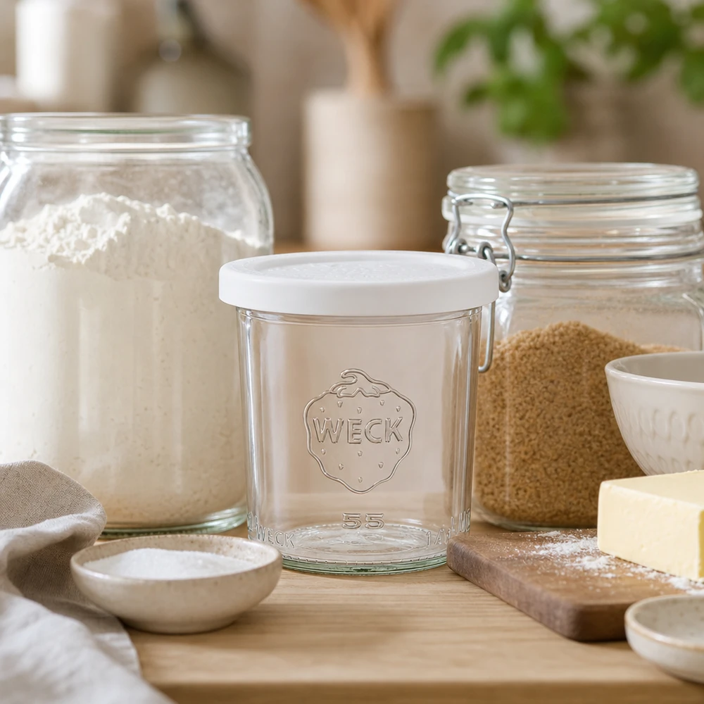 140 ml krukke med friskhedslåg WECK RR60 WECK 140 ml RR60-tumblere i en naturlig køkkenindstilling med bageingredienser og træplade som et livsstilsbillede