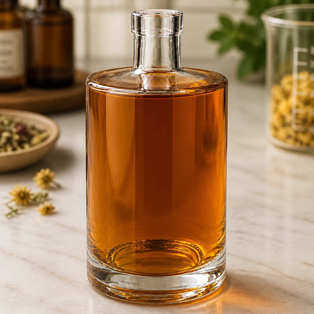 700 ml glasflaske Marie uden låg UNiTWIST® 700 ml glasflaske Marie fyldt med ravfarvet væske i en elegant atmosfære med urter og apotekerkrukker