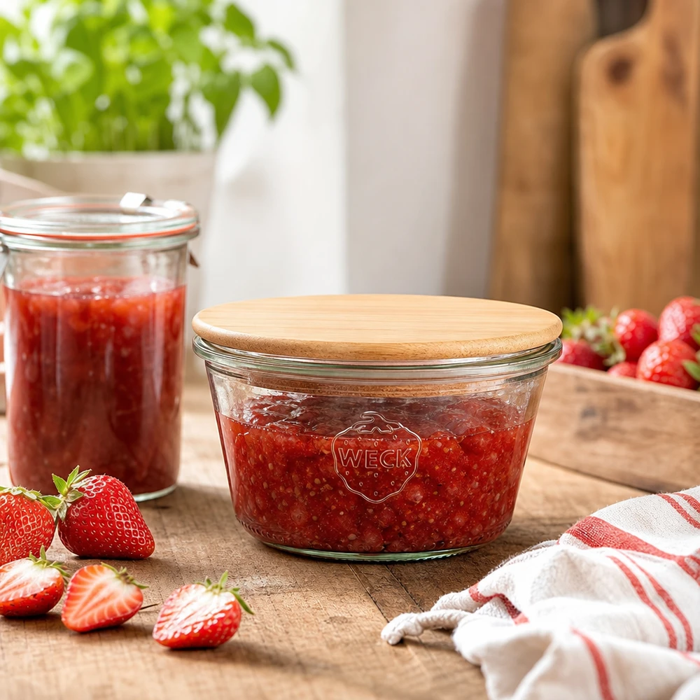 290 ml Briller lav WECK RR100 med trælåg WECK syltetøjsglas 290 ml RR100 fyldt med jordbærmarmelade, bambuslåg i træ, køkkenscene med friske jordbær