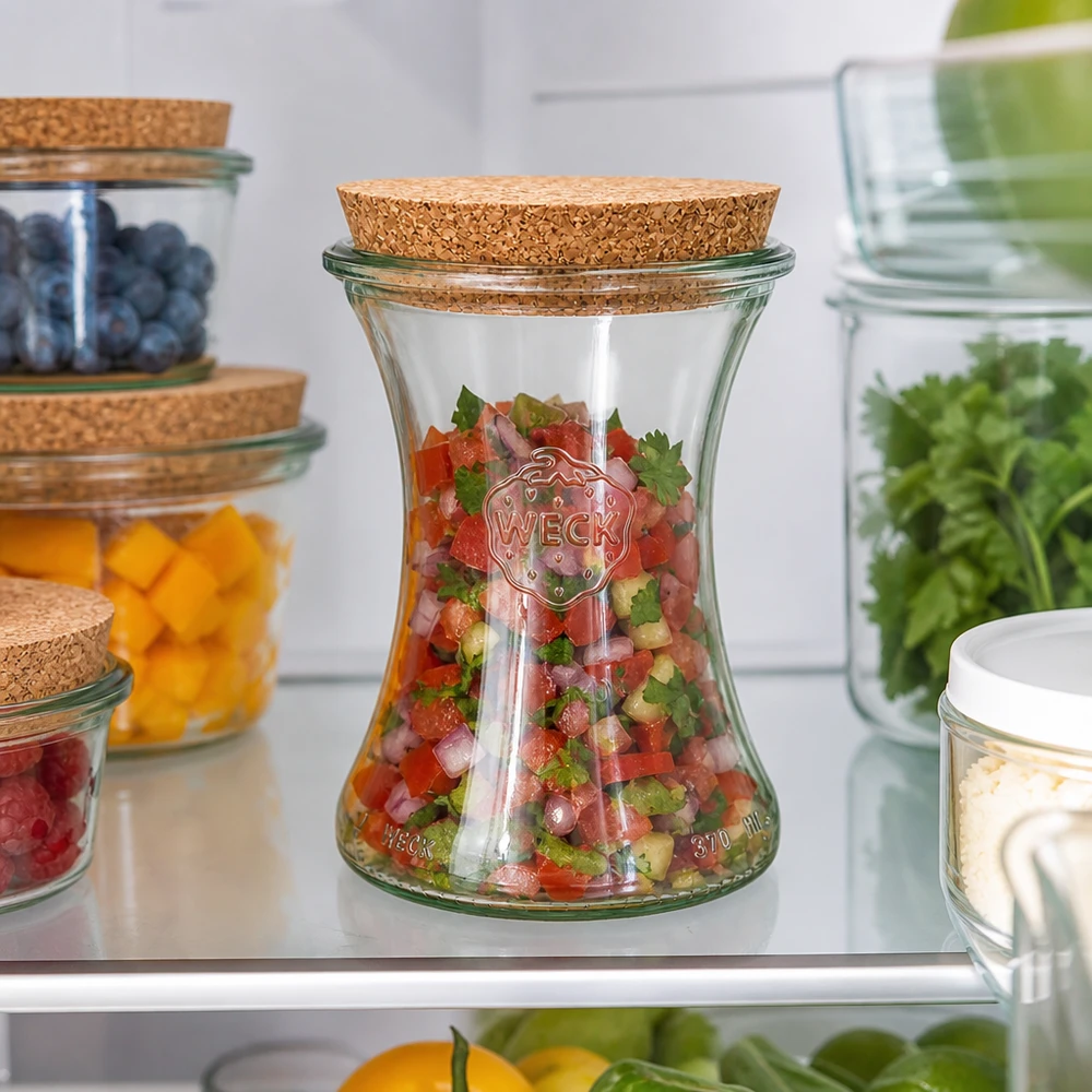 WECK delikatesseglas 370 ml RR80 med korklåg fyldt med frisk salsa i køleskabet ved siden af andre opbevaringsglas