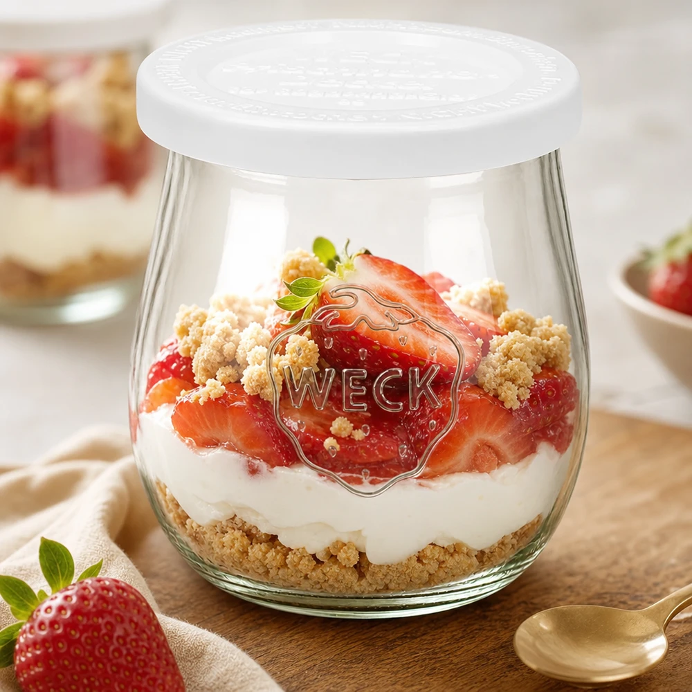 220 ml tulpanglas med friskhedslåg WECK RR60 WECK tulipankrukke 220 ml med frisk låg som dessertkrukke - Jordbær- og flødedessert med crumble i RR60-krukke