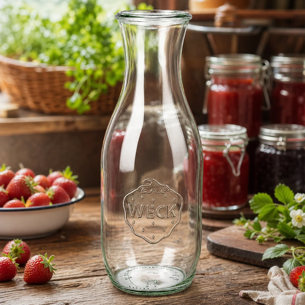 1062 ml saftflaske WECK RR60 WECK juiceflaske 1062ml RR60 i et rustikt køkken med friske jordbær og syltetøjsglas som dekoration