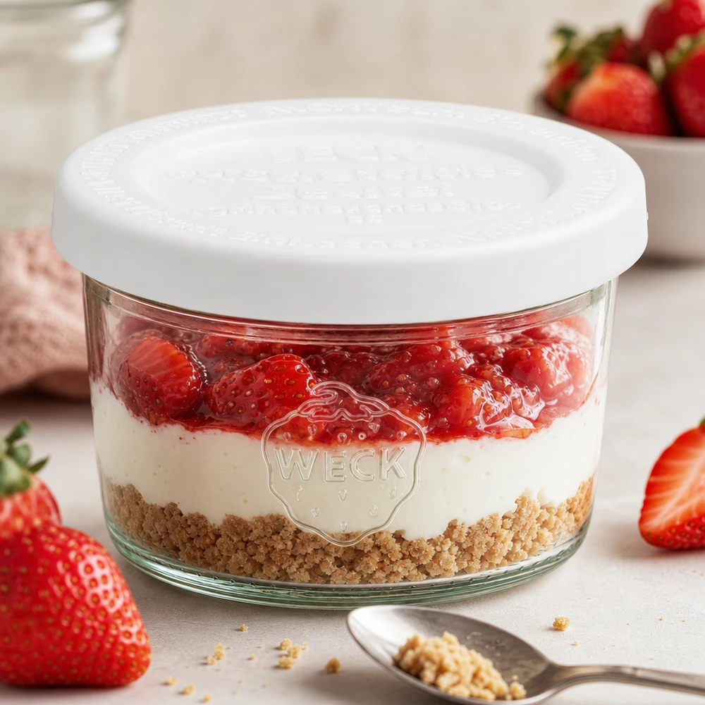 80 ml krukke med friskhedslåg WECK RR60 WECK 80 ml glas RR60 med jordbærdessert og kiksebund som en lagdelt dessert mellem friske jordbær og en ske