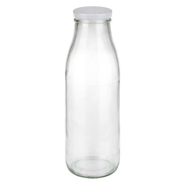 500 ml glasflaske + BasicSeal-låg hvid UNiTWIST. Absolut lækagesikker med stort TO48-låg. Til mælk, juice og limonade.