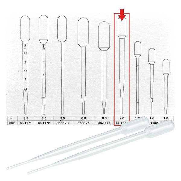 Transferpipette, nominel volumen: 2 ml, (LxB): 154 x 11 mm, materiale: LD-PE, transparent, dråbestørrelse: 35 µl - 45 µl, 750 stk/karton Transferpipette, nominel volumen: 2 ml, (LxB): 154 x 11 mm, materiale: LD-PE, transparent, dråbestørrelse: 35 µl - 45 µl, 750 stk/karton