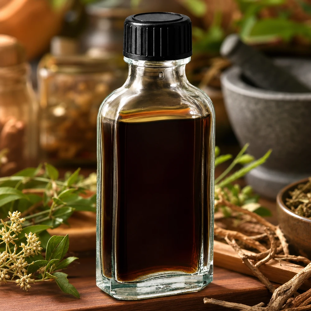 50 ml Meplat klar skruelåg med EPE-forseglingsskive 50 ml Meplat-flaske med mørk urteolie og sort skruelåg på træunderlag