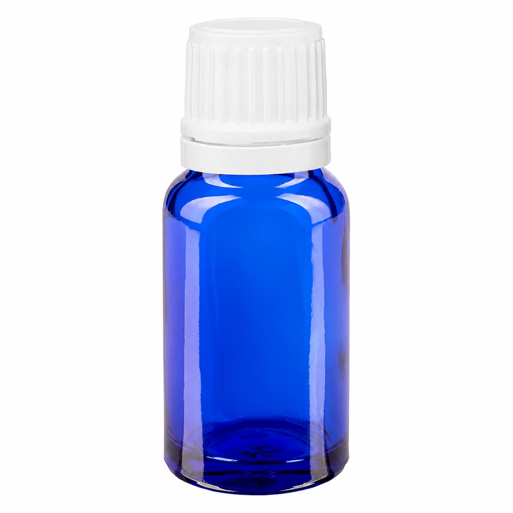 Apoteksflaske blå 10 ml skruelåg hvid OV 10 ml blå apotekerflaske af glas med hvid skruelåg og sikkerhedslåg