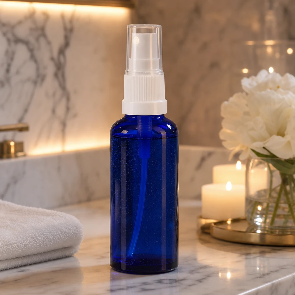 Koboltblå 30 ml sprayflaske af apotekerglas med hvidt sprøjtehoved i et elegant badeværelse med stearinlys